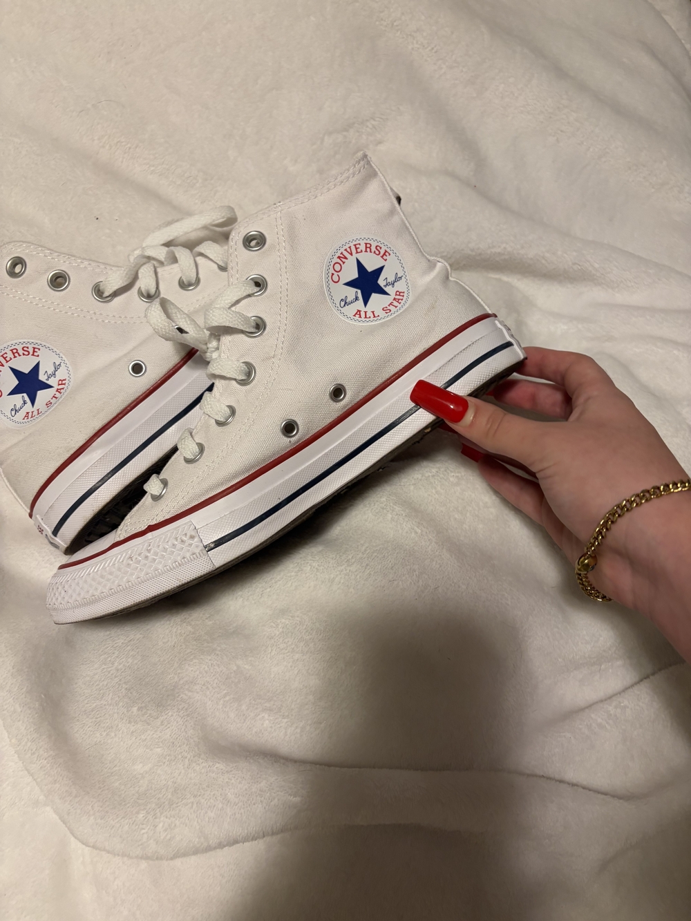 Converse White High Top Sneakers with Red & Blue Accents